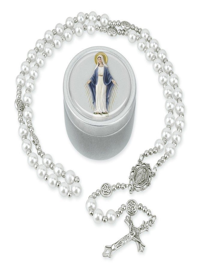 SUTANALE 8mm Glass Pearl Rosary Necklace for Women - Catholic Prayer Beads with Gift Box, Handmade Religious Jewelry for Baptism, First Communion (White) - Image 1